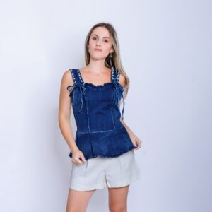 Denim top with pearls_malaquitasfashionstore_Shop_ women's clothing store