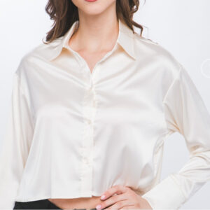 Semi cropped satin long sleeve button down blouse_malaquitasfashionstore_Shop_women's clothing store
