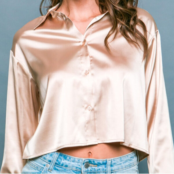Semi cropped satin long sleeve button down blouse_malaquitasfashionstore_Shop_women's clothing store